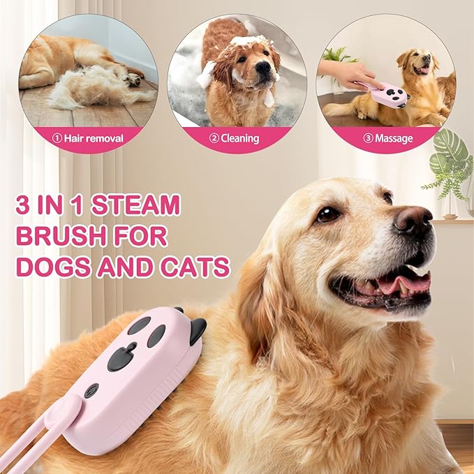 Pet Steam Brush for Dog & Cat,3-in-1 Spray Hair Removal Comb,Pet Steam Groomer Comb,Water Brush for Long & Short Haired Pets,Massage, Cleaning, Multifunctional Hair Removal Comb for Cats Dogs (Pink)