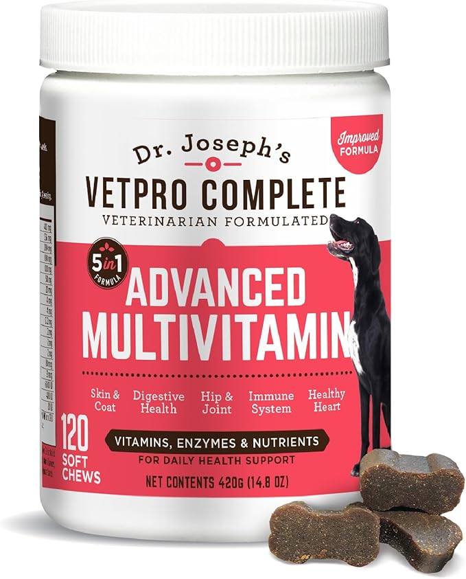 Dr. Joseph's VetPro Complete Multivitamin Dog Supplement, 120 Count (Large Dog 60 Day Supply), 5in1 Chew with Vitamins, Enzymes & Nutrients, Hip & Joint Health, Immune System & Allergy Support
