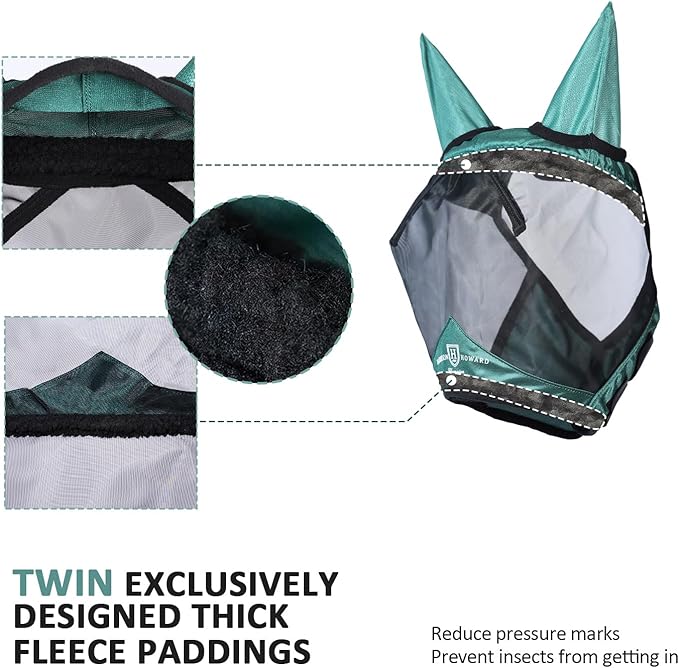 Harrison Howard Pro Luminous Horse Half Face Fly Mask Large Eye Space with Ears UV Protection for Horse Hunter Green XL