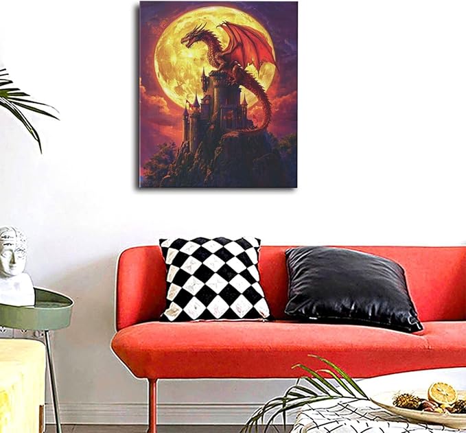 Dragon Bathroom Pictures Wall Art, Red Dragon Castle Bathroom Wall Decor, Framed Painting Canvas Artwork for Bedroom Living Room Decorations 24"L x 20"W