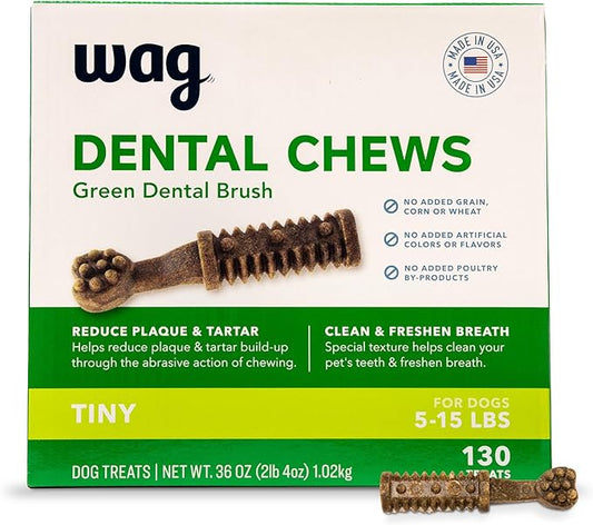 Amazon Brand - Wag Dental Dog Treats to Help Clean Teeth & Freshen Breath Tiny, 2.25 pounds, Unflavored - 130 Count, Pack of 1