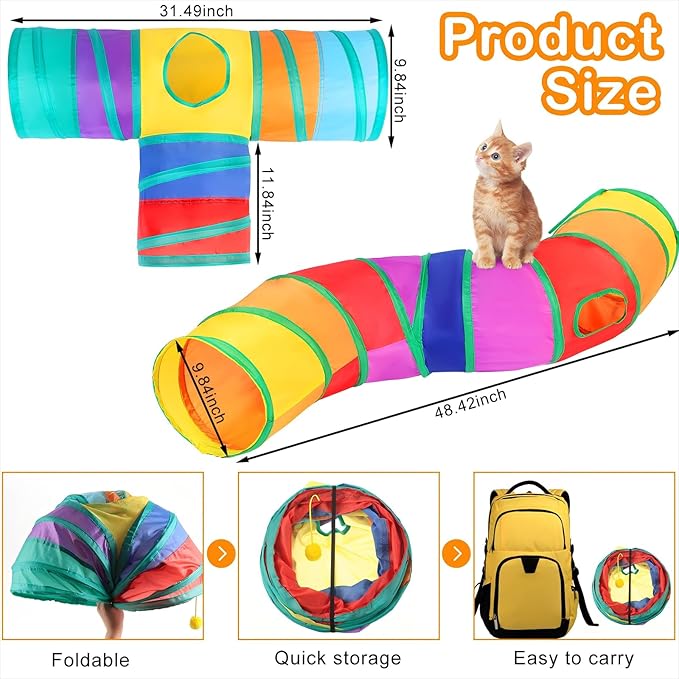 Wettarn 22 Pieces Cat Toys Set, with 2 Collapsible Tunnels for Indoor Cats and 20 Kitten Toys Tubes and Tunnels Interactive Feather Mouse Crinkle Balls for Pets Puppies(Colorful)