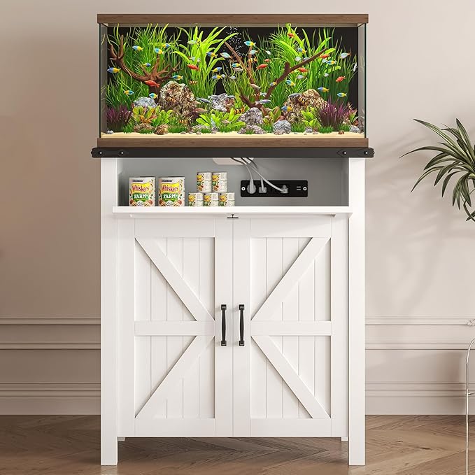 Suadism 20 Gallon Aquarium Stand With Charging Station, Farmhouse Fish Tank Stand, Reptile and Terrarium Stand with Drawer and Cabinet Storage, Sturdy Heavy Duty 27.6"15.7" - White