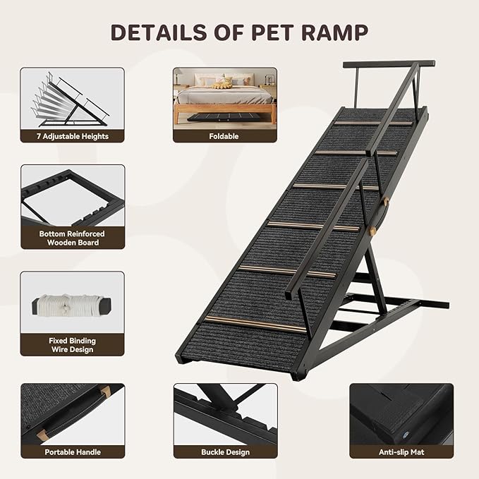 Pet Ramp Folding Portable Wooden Dog & Cat Ramps for Couch or Bed, Including Non Slip Mat & Safety Side Rails, 64.2 Inch Long and Height Adjustable from 13.4 Inch to 38 Inch Up to 110 Lbs