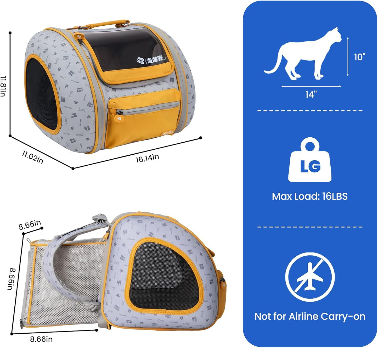 Cat and Dog Backpack Carrier, Foldable Breathable Pet Carrier Backpack with Mesh Ventilation, Large Portable Outing Traveling Pet Bag for Small, Medium Cats, Small Dogs, Orange