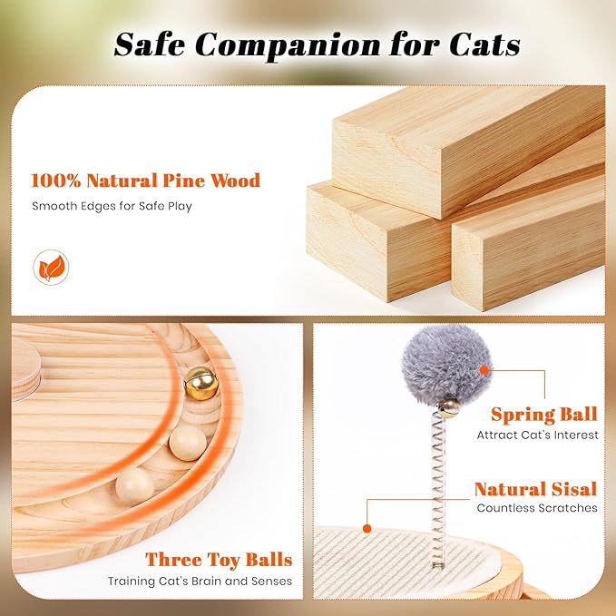 Cat Scratcher, Cat Natural Sisal Scratching Pad, Kitten Interactive Toy with Ball Track Spring Ball for Chasing Hunting Mental Physical Exercise Puzzle