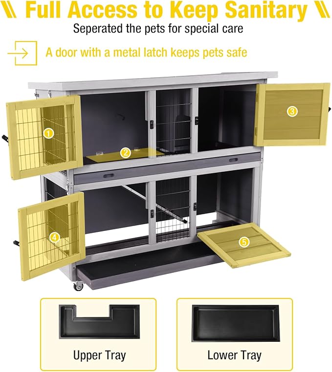 Aivituvin Rabbit Hutch Indoor, Folding Bunny Cage with Two Story, Rabbit Cage with Wheels, Anti Slip Ramp