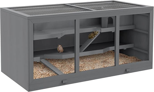 PawHut 45" Extra Large Wooden Hamster Cage, 3-Layer Chewproof Rat Cage with Opening Roof, Hut, Ramps, for Gerbil, Dwarf & Syrian Hamsters, Gray