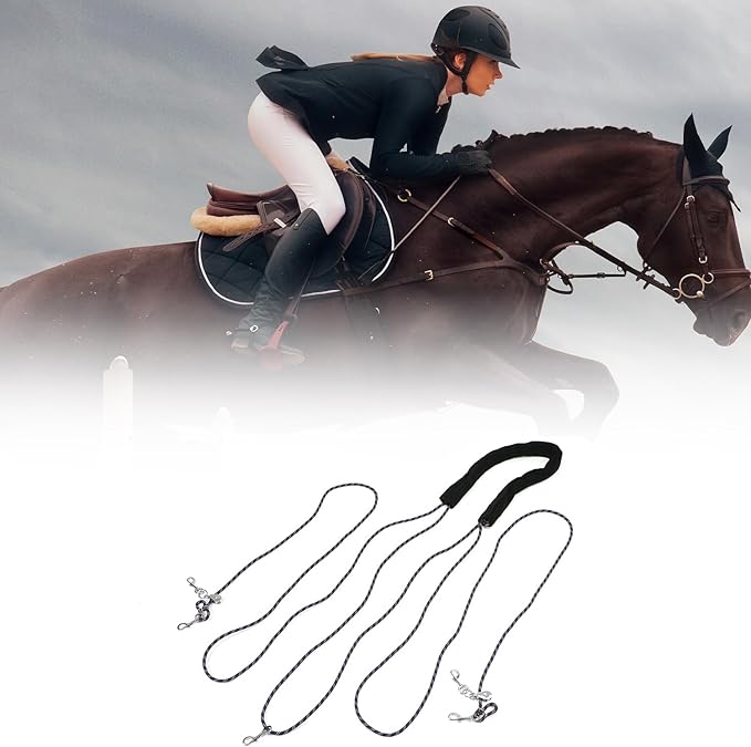 QWORK Adjustable Horse Training and Lunging Aid with Rear Fleece Cover, Navy/Red, Encourages Proper Head Carriage and Comfortable Stretching, Durable Braided Nylon Rope with Metal Clips,