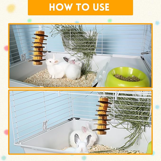 kathson Natural Small Animal Chew Toys for Teeth,4 PCS Rabbit Hanging Chewing Treats with Natural Organic Apple Stick Timothy Grass Carrot Cake for Hamsters Squirrel Guinea Pig Rabbits