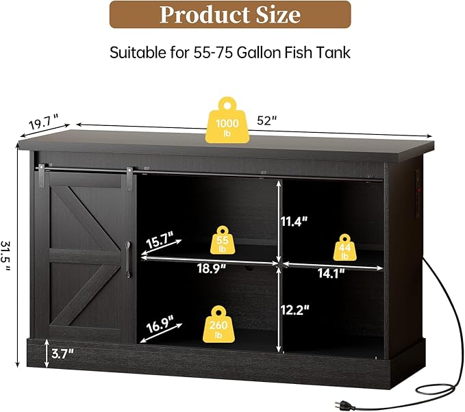 55-75 Gallon Fish Tank Stand with Sliding Barn Doors & Power Outlet, Heavy Duty Aquarium Stand with Cabinet Storage for Fish Tank, Turtle Tank, Reptile Terrarium, 1000LBS Capacity, Black