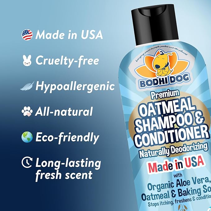 Bodhi Dog Oatmeal Shampoo & Conditioner - Hypoallergenic Formula - Naturally Deodorize Dogs, Cats & Pets - Made w/Organic Ingredients - Moisturizes Dry & Itchy Skin - Made in USA (Oatmeal, 17 Fl Oz)