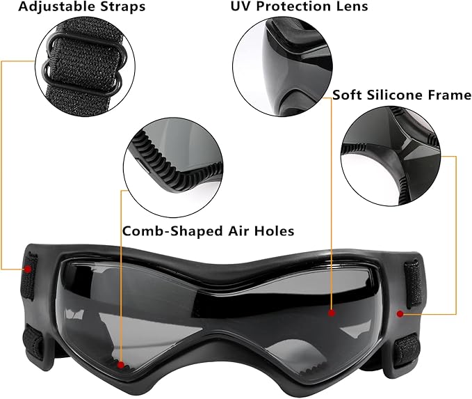 QUMY Dog Goggles UV Protection for Small to Medium Breed, Dog Sunglasses Windproof Anti-Fog Dustproof Snowproof, Puppy Glasses for Outdoor Riding Driving with Comfortable Frame Adjustable Straps