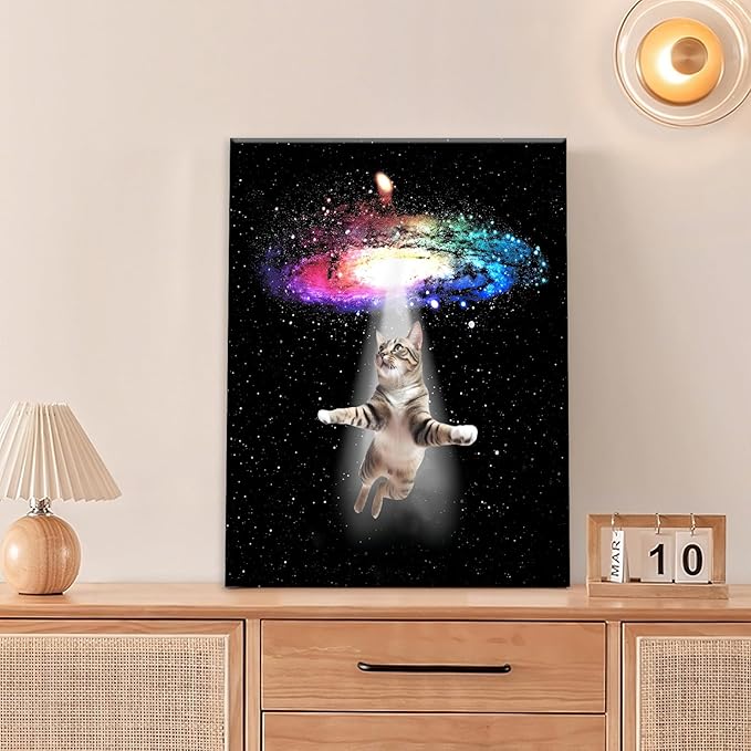 Funny Cat Wall Art Canvas Galaxy Wall Decor Prints Framed Painting Animal Pictures Gifts Artwork for Bathroom Living Dining Kitchen 12"x16"