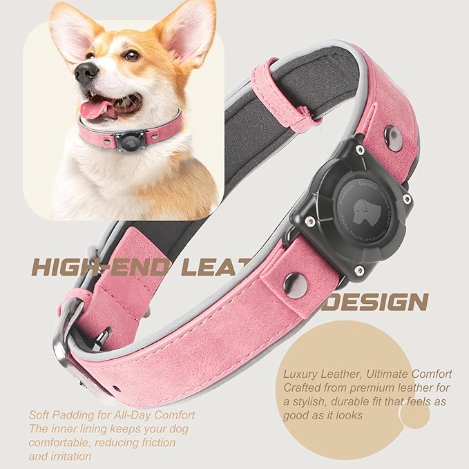 AirTag Dog Collar - Leather Dog Collar with Air Tag Holder | IPX8 Waterproof, Reflective, High - End, Adjustable Soft Padded | Dog GPS Tracker Collars Fit for Medium Large Dogs (Pink, L)