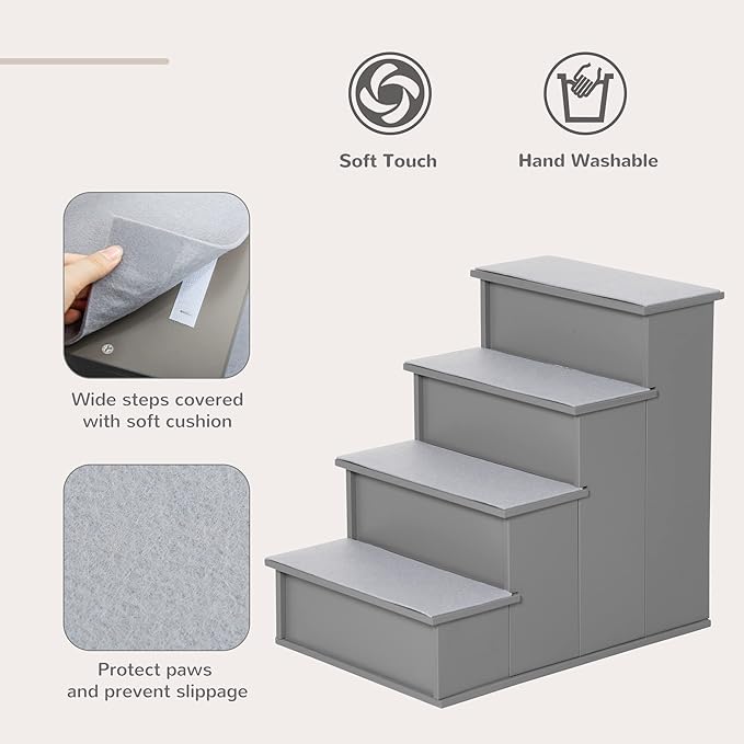 PawHut Pet Stairs, Small Pet Steps with Cushioned Removable Covering for Dogs and Cats Up to 22 Lbs., Grey