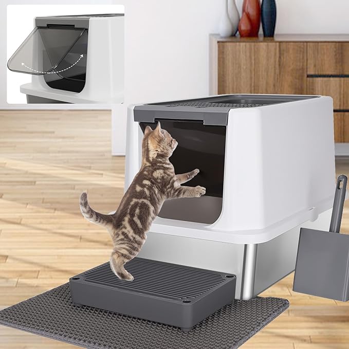 RIZZARI Stainless Steel Cat Litter Box, Odorless Enclosed Litter Box with Top Holes, Large Litter Pan for Small to Large Sized Cats (Dark Gray, 23.8" L*15.9" W*16.1" H)