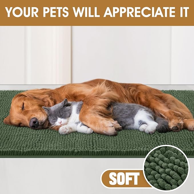 IM HOME 36" x 24" Olive Dog Door Mats for Muddy Paws, Chenille Absorbent Dog Mat, Non Slip Heavy Mud Mat for Dogs, Soft Pet Bed Mat for Entryway, Mud Paws, Inside Floor