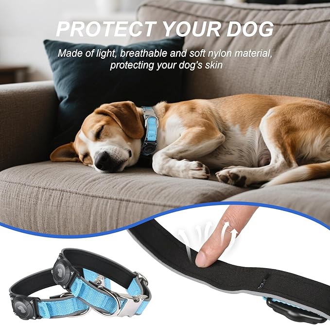 Waterproof Airtag Dog Collar - Nylon Collar with Durable Airtag Holder, Reflective&Anti-Lost with Safety Metal Buckle, Soft Padded Adjustable for Small Medium Large Dogs Blue L
