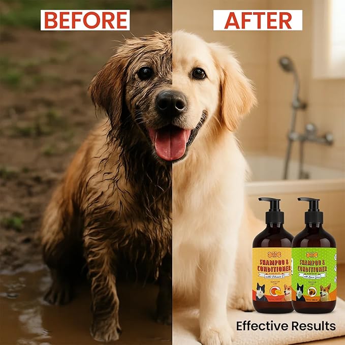 POM Pets 2 Pack 2-in-1 Organic Dog Shampoo & Conditioner – Itchy Skin Relief, Dog Deshedding, Detangles Fur, Cat Shampoo, Paw Cleaner for Dogs, Natural Coat Defense Formula