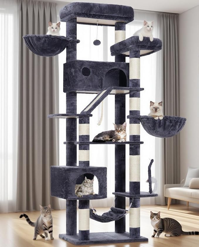 Cat Tree for Large Cats, 78.7"(200cm) Tall Cat Tower for Indoor Cats Multiple Cats with Large Top Perch, Cat Condo, Cat Hammcok, Cat Scratching Post, Dark Gray GCT031G