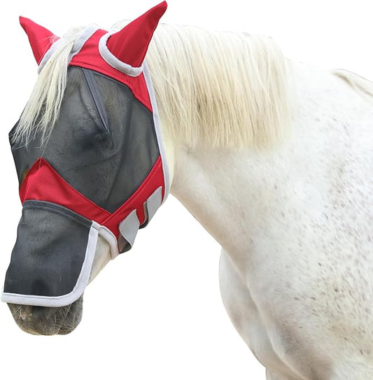 Horse Fly Mask with Ears & Long Nose Cover | Forelock Opening for Tangle-Free Mane Care | UV Protection & Breathable Mesh | No Rub Fit and Enhanced Visbility for Trail Riding Red Pony