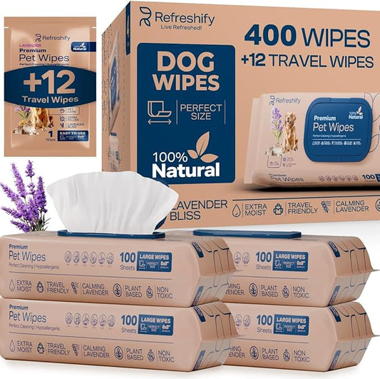 Dog Wipes for Paws and Butt - Plant Based Lavendar Scented (Pack of 400) - Pet Wipes for Dogs and Cats - Deodorizing Non Toxic Dog Wipes, +12 Additional Travel Wipes