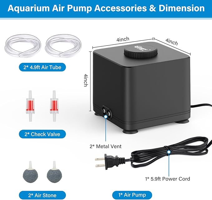 hygger Aquarium Air Pump, Quiet Adjustable Fish Tank Air Pump, 4W/7W/11W Powerful Oxygen Aerator Dual Stainless Steel Outlets with Air Stone Bubbler for Small Medium Large Fish Tank, Hydroponic