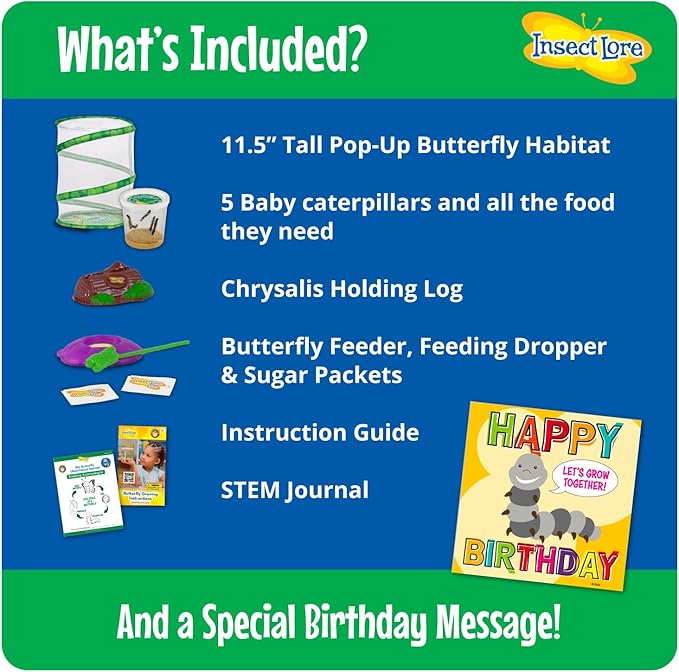 Insect Lore Butterfly Garden with Giant Birthday Card | 5 Live Baby Caterpillars | STEM Journal, Habitat, Chrys-A-Lid, Feeder | Raise and Release Painted Lady Butterflies
