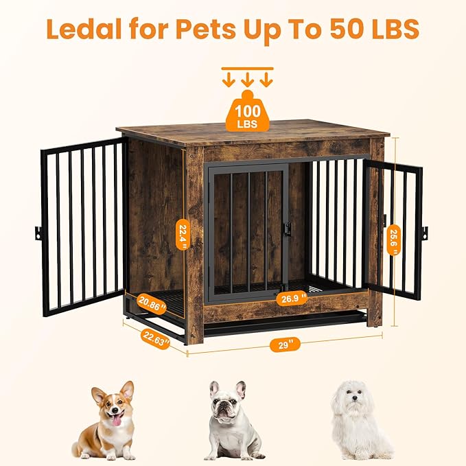 Dog Crate Furniture, Dog Crate End Table for Small and Medium Dogs,Wooden Cage Kennel Furniture Indoor, Modern Dog Crate with Multi-Purpose Removable Tray, Double-Doors Dog Furniture, Rustic Brown