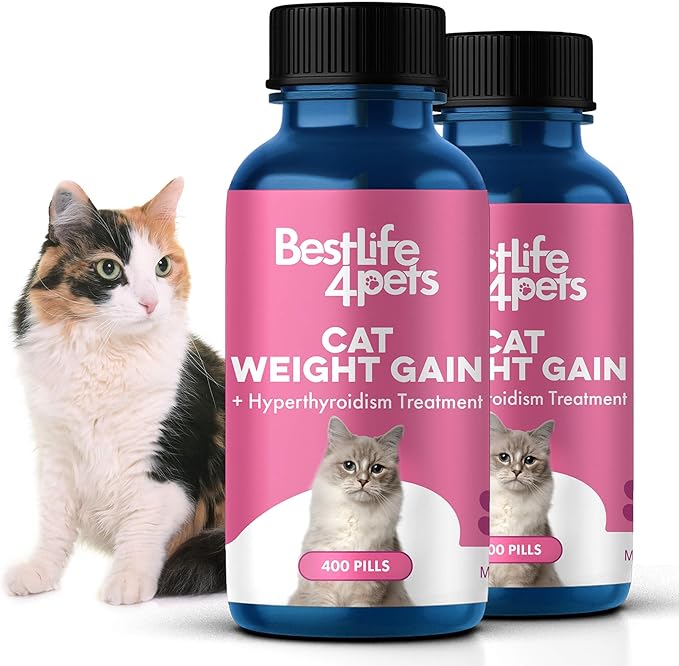 Cat Weight Gain & Hyperthyroidism Treatment, Safe and Effective Cat Appetite Stimulant, Thyroid and Metabolic Support, Weight Management Remedy, 800 All-Natural Odorless, Tasteless Pills