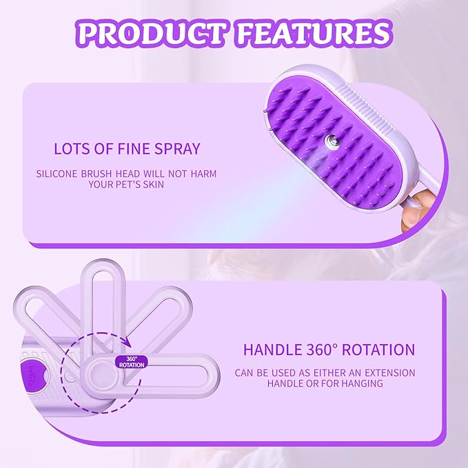 Spray Cat Brush for Shedding - Pet Grooming Brush with Steamer and Water Spray, Ideal for Cats and Dogs (Purple)