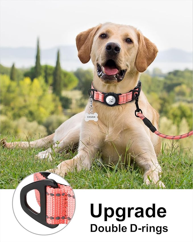 TagME Airtag Dog Collar,Waterproof Reflective Pet Collar with Airtag Holder,Soft Padded and Double D-Rings for Large Dogs,Baby Pink
