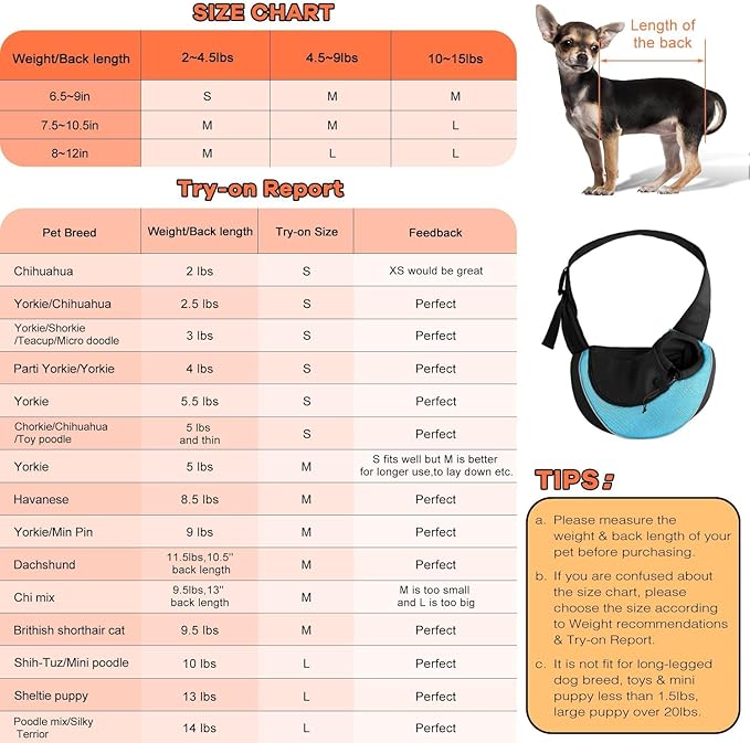 YUDODO Pet Sling Carrier for Small Dogs & Cats – Hands-Free Puppy Carrier with Safety Hook, Large Zipper Pocket, Soft Breathable Mesh, Adjustable Strap & Reflective Strip (Cyan 2.0 M)