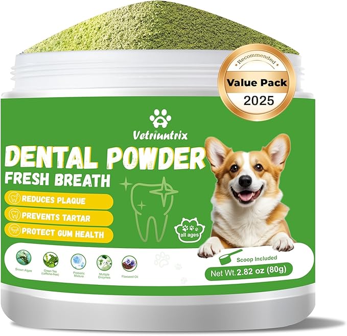Dog Dental Care Powder - Plaque & Tartar Control with Natural Enzymes, Teeth Cleaning Powder for Dogs with Probiotic, Bad Breath Treatment for Small Medium Large Dogs
