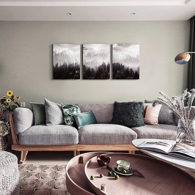 Framed Canvas Art - Boho Wall Decor Set of 3: Foggy Forest Trees Scenery for Living Room, Bedroom, Office, Farmhouse, Home Decoration