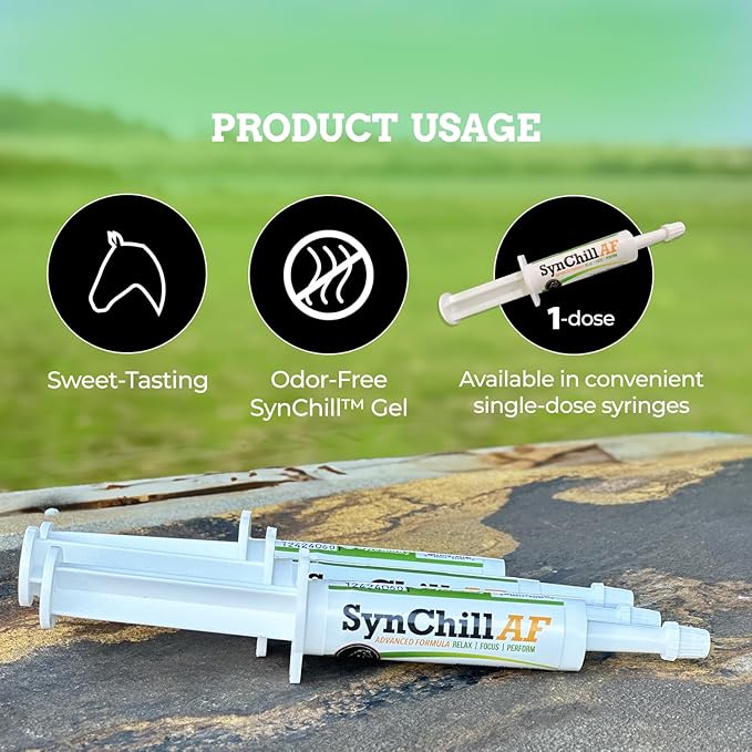 SynChill AF Calming Gel for Nervous Horses - Single Serving - Advanced Formula with L-Theanine, Increased Potency, 100% Natural Supplement, Disposition & Confidence Support for Horses