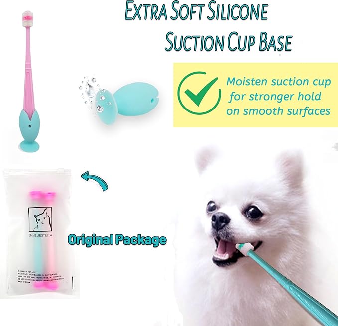 E.M&S.T by Emmeliestella Small Dog & Cat Toothbrush 360 Degree Soft Silicone, Cat Dental Care, Toothbrush Holder, Easy to Handle, Independent Packaging, Extra Suction Cup, Light Blue&Light Pink 3PCS