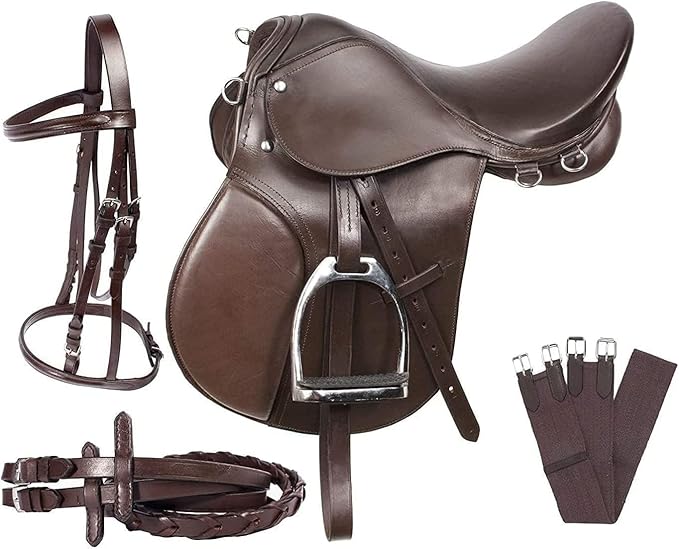 Leather English Riding Horse Saddle Starter Kit Brown Saddle Combo Pack Set of 7 pcs