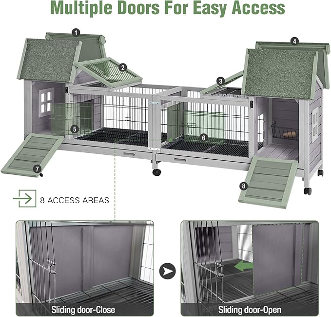 Wooden Rabbit Hutch with Wheels, Indoor Outdoor Bunny Cage with Removable Netting, Guinea Pig House with Leak-Proof Trays