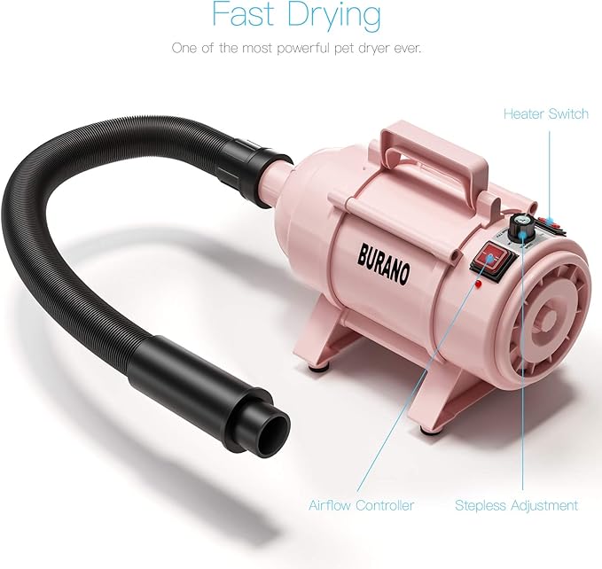Burano Dog Dryer, High Velocity Pet Hair Dryer, 4.3HP Stepless Adjustable Speed Dog Hair Force Dryer for Dogs, Cats & More, Powerful Pet Blower with Heater
