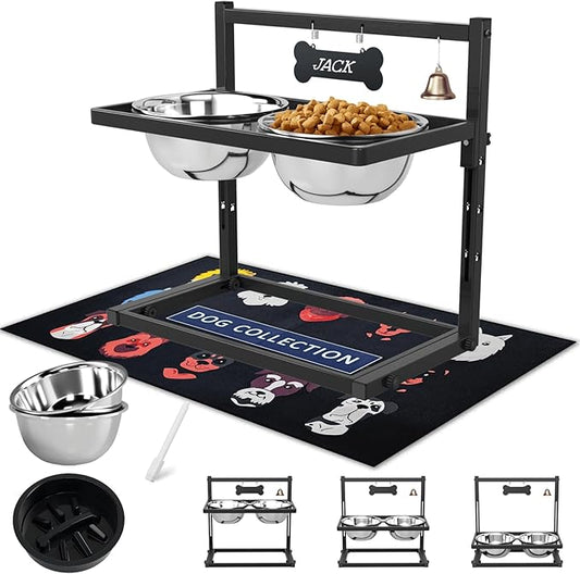 SHAINFUN Elevated Dog Bowls with Slow Feeder & Spillproof Mat, Raised Dog Bowl Stand with 2 Stainless Steel Food Water Bowls, Adjustable Height Stand for Large Medium Breeds