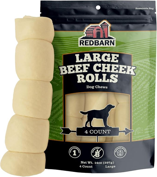 Redbarn Pet Products All-Natural Large Beef Cheek Rolls for Dogs, Uncoated - Single Ingredient Grain-Free Chew Treat Naturally Rich in Collagen - No Artificial Preservatives - Pack of 4