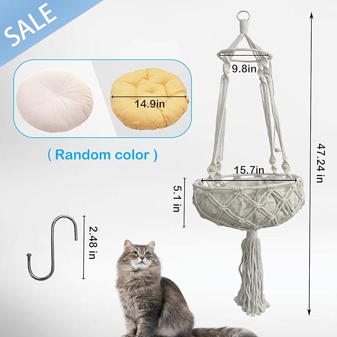 kathson Macrame Cat Hammock with Cushion,Handwoven Cats Bed,Hanging Indoor Boho Kitten Swing Beds for Playing Sleeping Climbing and Lounging(XL)