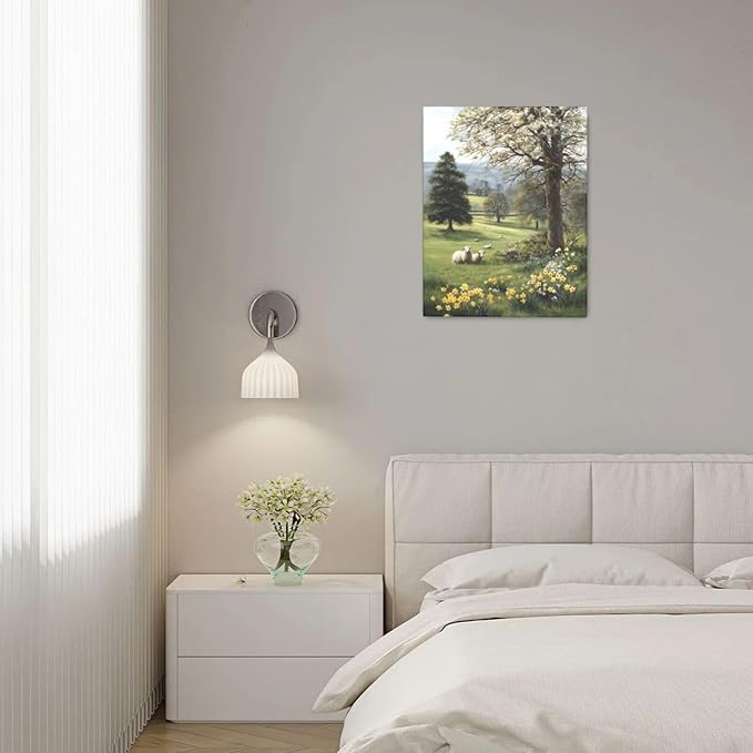 Country Sheep Canvas Wall Decor Farmhouse Rustic Lamb Wildflower Wall Art Nature Countryside Landscape Pictures Painting Print Framed Artwork Decorations for Bathroom Living Room Bedroom 16"x20"