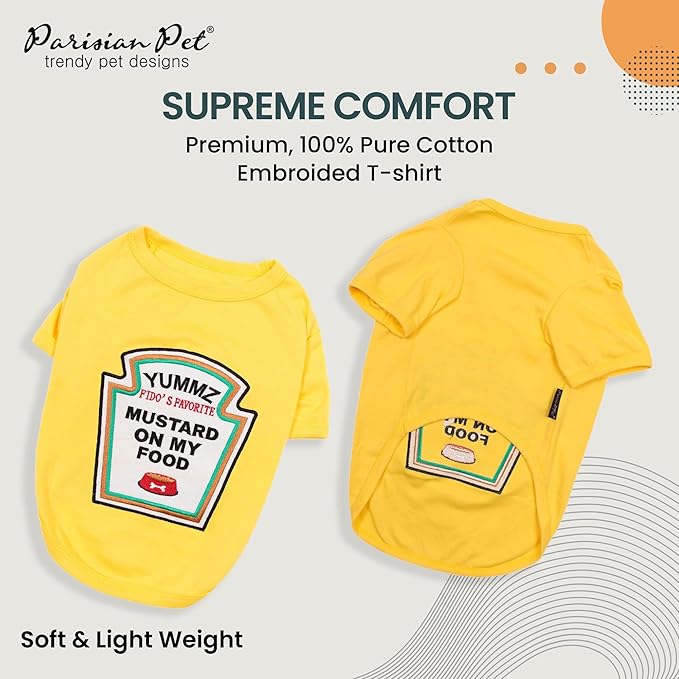 Parisian Pet Dog Shirt - Embroidered “Mustard on My Food“ - 100% Cotton and Polyester Dog Clothes - Sleeved, Lightweight Costume for Dogs - Yellow Dog Shirts for Large Dogs - Pet Costumes - 2XL