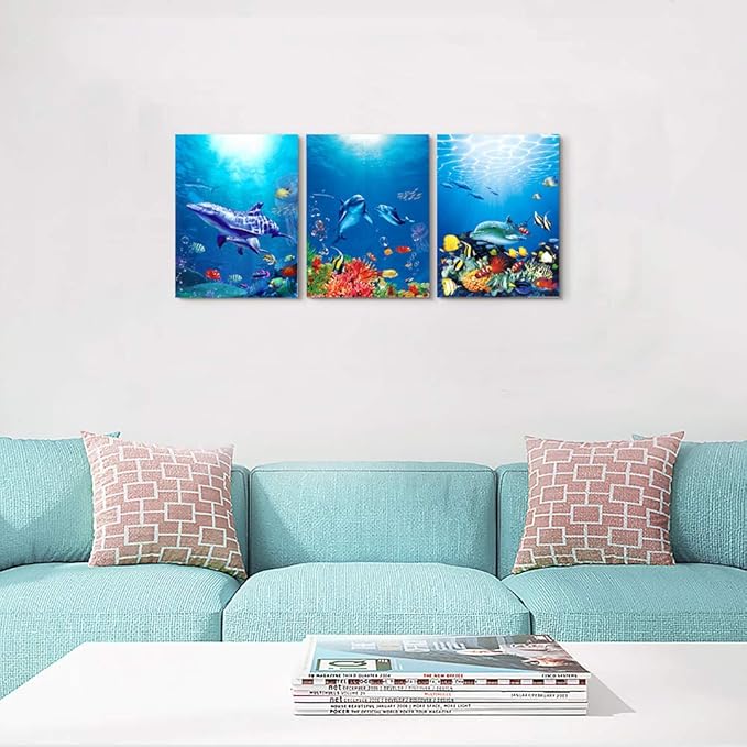 blue ocean fish 3 Pieces Framed Wall Art for Living Room Bathroom Wall Decoration Canvas Print Children's Bedroom Wall decor Office Kitchen Home Decoration Underwater World Watercolor Painting