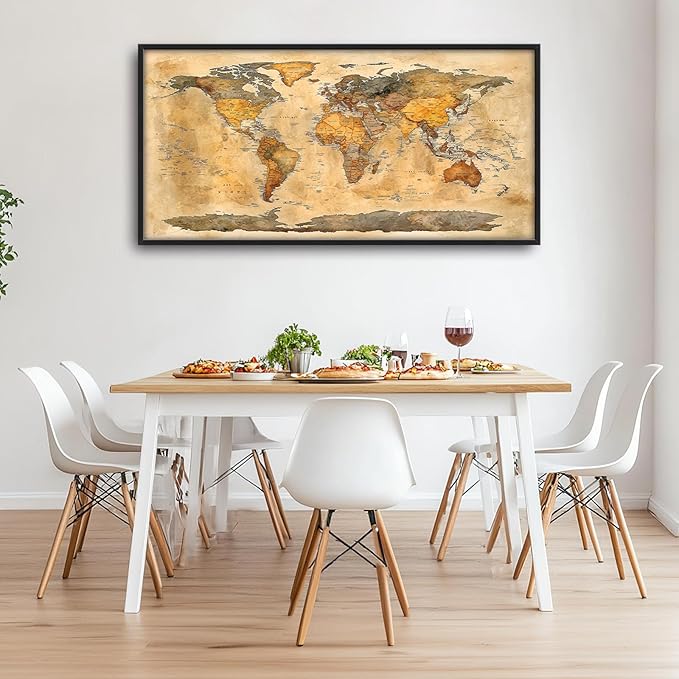 Extra Large World Map Framed Wall Art for Living Room,Oversized Vintage Map of The World Pictures Wall Decor,Canvas Print Painting Modern Artwork Bedroom Office Bathroom 60L" x 30W"