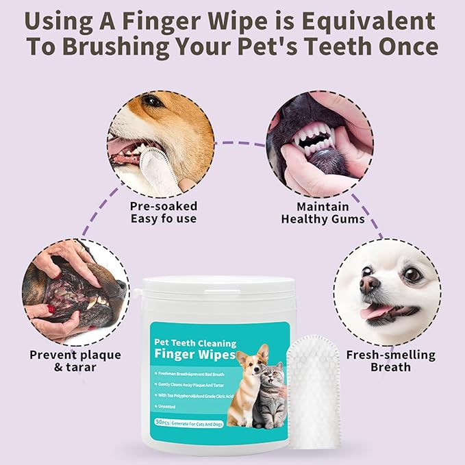 YUHUF-Teeth Cleaning Finger Wipes for Dogs & Cats, Pet Dental Care by Reducing Plaque and Tartar Remove Bad Breath, Disposable Gentle Gum Care Pet Wipes, 50 PCS