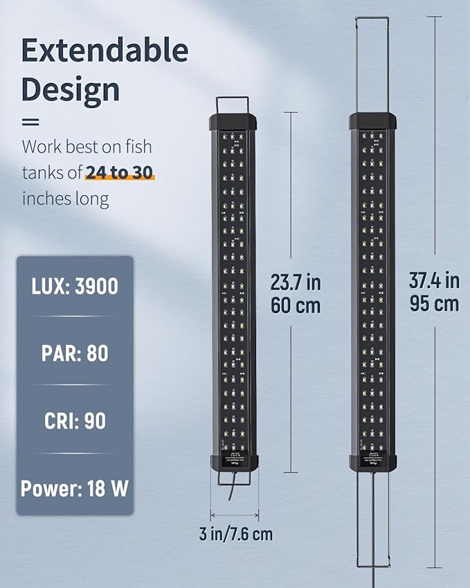 Pawfly 18 W Aquarium LED Light for 24 to 30 Inch Fish Tanks Extendable Fish Tank Light with Full Spectrum Brilliant White Blue Red Lights with Daytime & Night Modes and Adjustable Brightness
